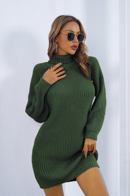 Buttoned Turtleneck Long Sleeve Sweater Dress - Fashionista Fusion 