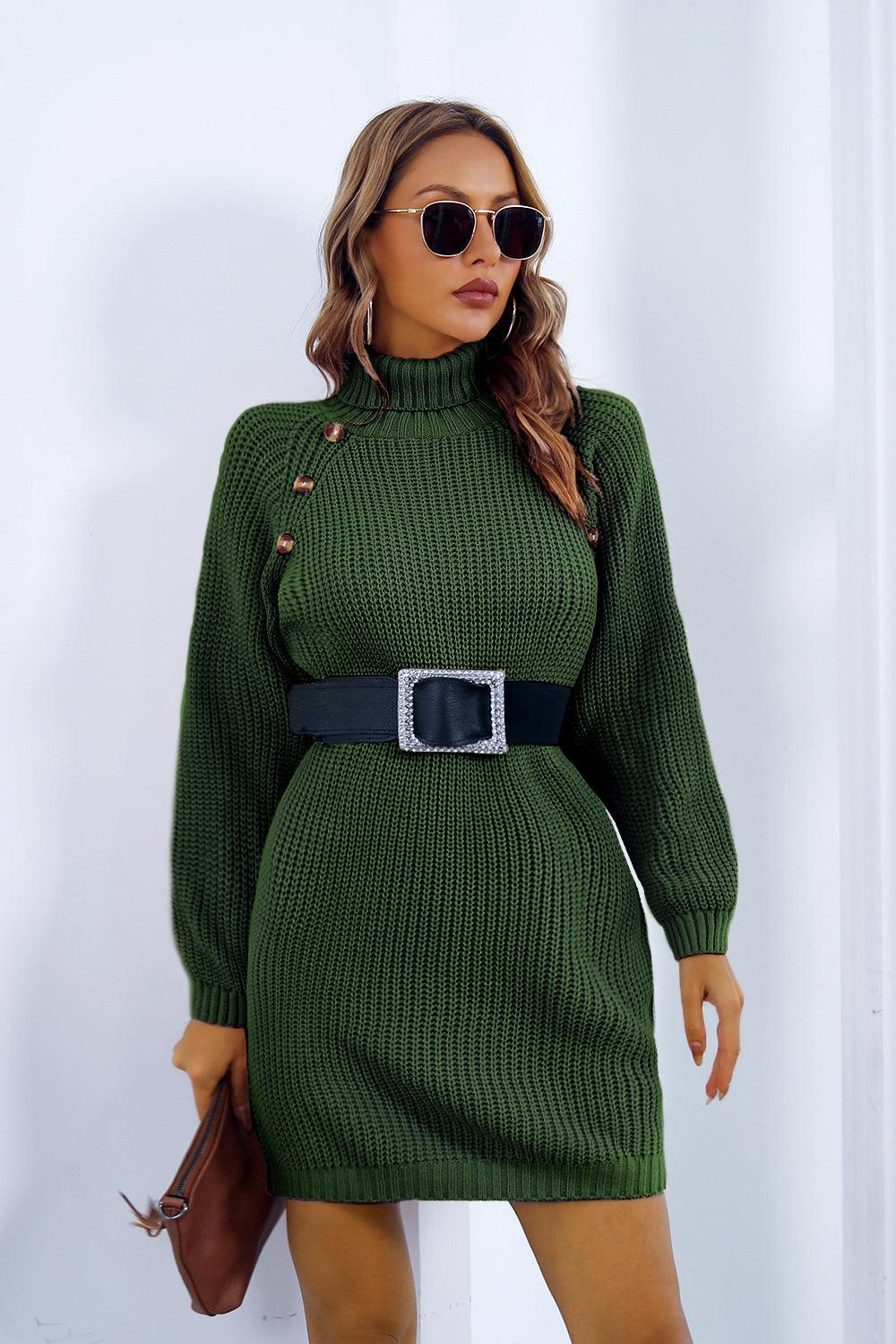 Buttoned Turtleneck Long Sleeve Sweater Dress - Fashionista Fusion 